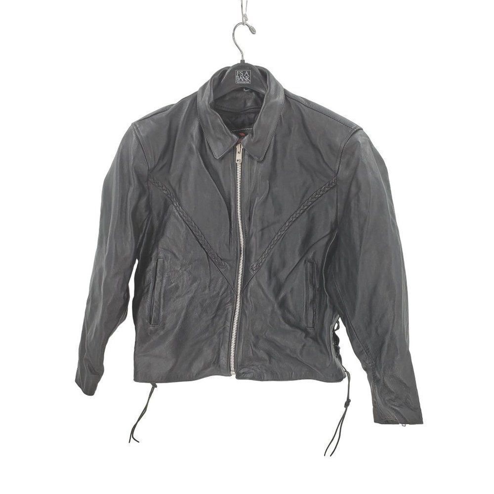 Vintage Interstate Leather Jacket Womens Motorcycle Black Lace Up Side Braided